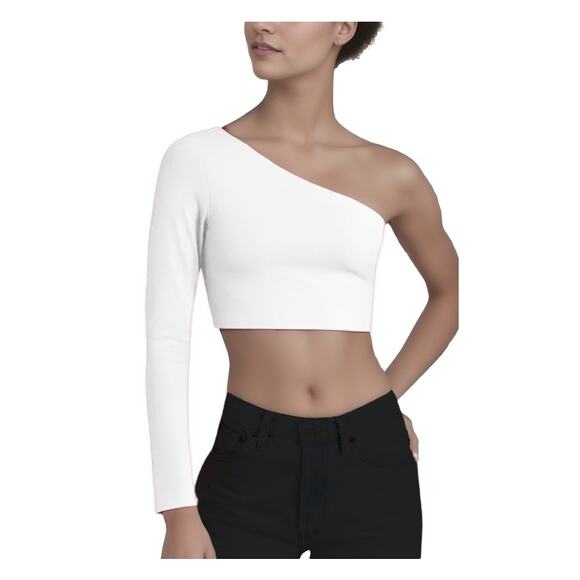 Susana Monaco One Shoulder Crop Long Sleeve Top in Sugar White NWT Size Large - Picture 1 of 8